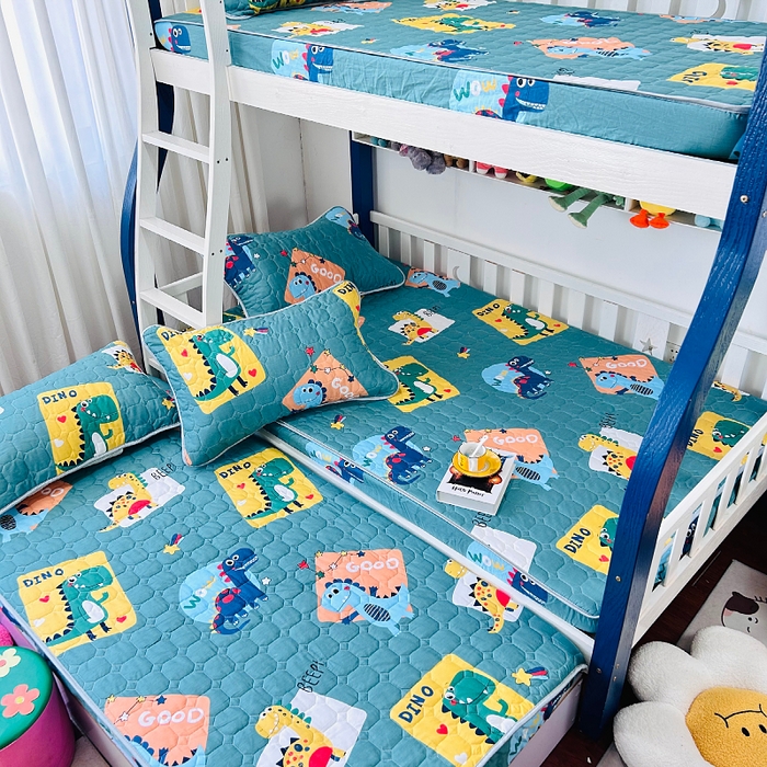 91家纺网 家纺一手货源 找家纺 小虾米 2023新款全棉卡通上下床夹棉系列床笠 恐龙家族绿