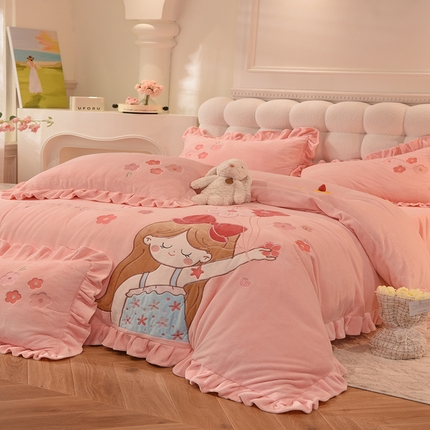丝印良品 2023新款高档贴布绣甜心公主牛奶绒四件套 甜心公主-粉玉