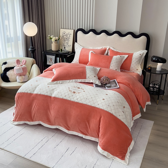 91家纺网 家纺一手货源 找家纺 丝印良品 2023秋冬高端刺绣菲曼牛奶绒四件套 菲曼-活力橙