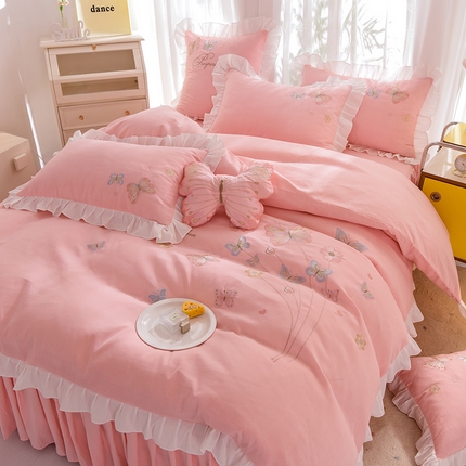 91家纺网 家纺一手货源 找家纺 丝印良品 2023新款秋冬保暖云锦棉刺绣花边春卉系列四件套 春卉-粉玉