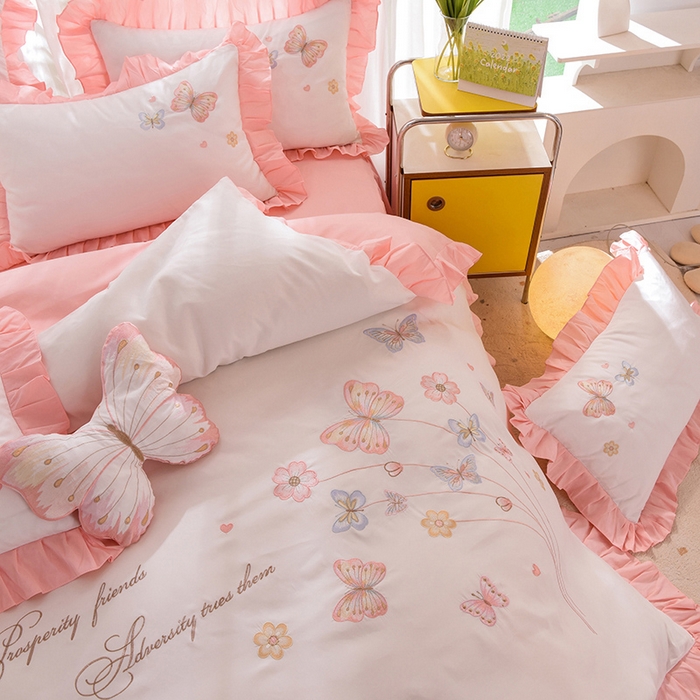 91家纺网 家纺一手货源 找家纺 丝印良品 2023新款秋冬保暖云锦棉刺绣花边春卉系列四件套 春卉-白玉