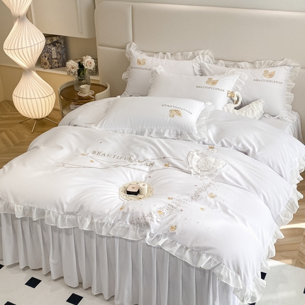 91家纺网 家纺一手货源 找家纺 丝印良品 2023新款全棉斯洛琪四件套系列 斯洛琪-白