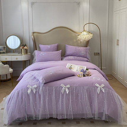 91家纺网 家纺一手货源 找家纺 丝印良品 2023新款秋冬保暖60S全棉蕾丝刺绣丽丽贝尔系列四件套 薰衣紫