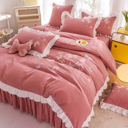 丝印良品 2023新款秋冬保暖云锦棉刺绣花边春卉系列四件套 春卉-豆沙