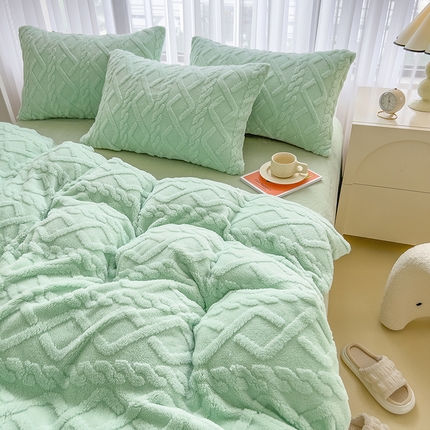 91家纺网 家纺一手货源 找家纺 丝印良品 2023秋冬新款加厚塔芙绒简约款牛奶绒四件套 抹茶