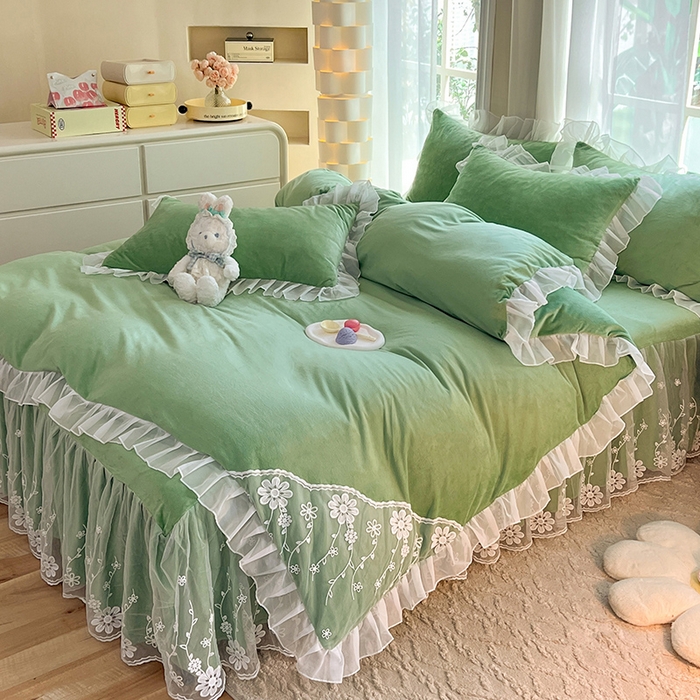 91家纺网 家纺一手货源 找家纺 唐人居 2025新款宝宝绒米朵系列-床裙 米朵-果绿