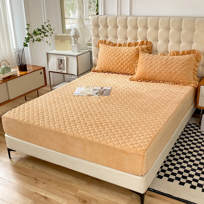 91家纺网 家纺一手货源 找家纺 7V 2023新款宝宝绒床笠牛奶绒360度全包围床笠 橙黄