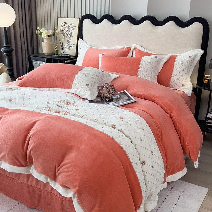 91家纺网 家纺一手货源 找家纺 丝印良品 2023秋冬高端刺绣菲曼牛奶绒四件套 菲曼-活力橙