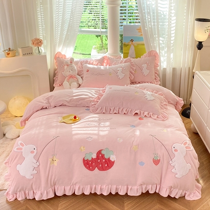 丝印良品 2023新款牛奶绒摘星兔贴布绣牛奶绒四件套 摘星兔-粉色
