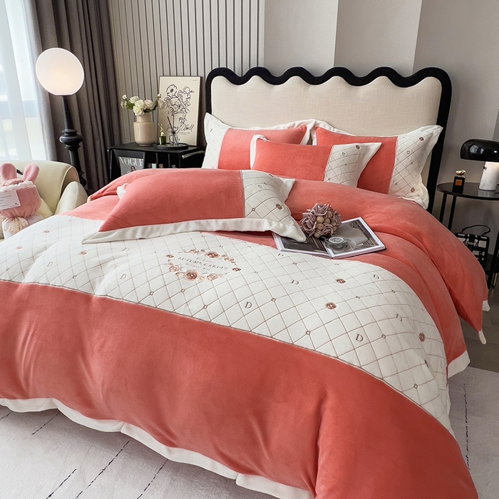 91家纺网 家纺一手货源 找家纺 丝印良品 2023秋冬高端刺绣菲曼牛奶绒四件套 菲曼-活力橙