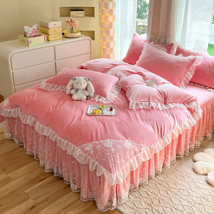 91家纺网 家纺一手货源 找家纺 唐人居 2025新款宝宝绒米朵系列-床裙 米朵-樱桃粉