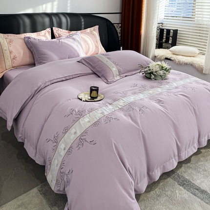 91家纺网 家纺一手货源 找家纺 丝印良品 2023新款秋冬保暖锦绣棉简约绣花艾莎系列四件套 艾莎-香芋