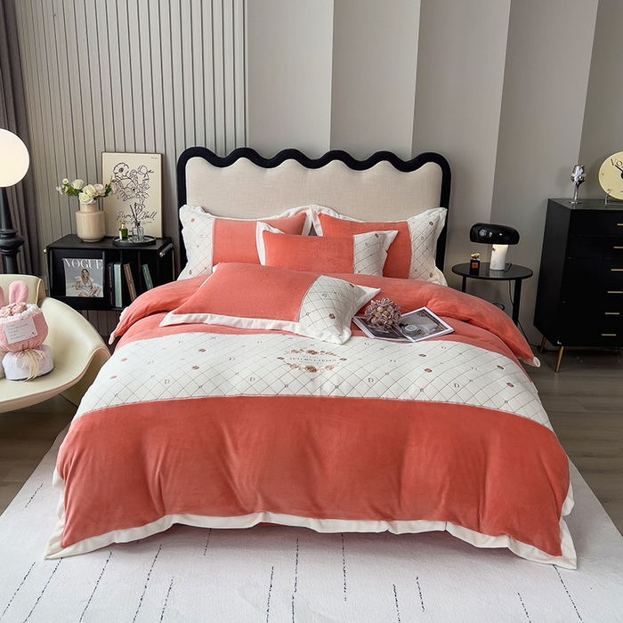 91家纺网 家纺一手货源 找家纺 丝印良品 2023秋冬高端刺绣菲曼牛奶绒四件套 菲曼-活力橙