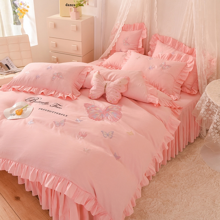 91家纺网 家纺一手货源 找家纺 丝印良品 2023新款秋冬保暖云锦棉刺绣花边羽蝶系列四件套 羽蝶-玉色