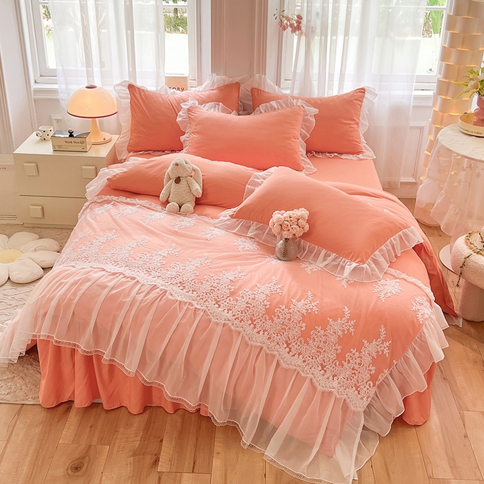 91家纺网 家纺一手货源 找家纺 唐人居 2025新款亲肤磨毛花边款床裙系列--秘密花园 秘密花园-橙