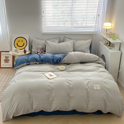 91家纺网 家纺一手货源 找家纺 新款亲肤磨毛无印风格子水洗m床单床笠被套学生宿舍三件套四件套 白条蓝
