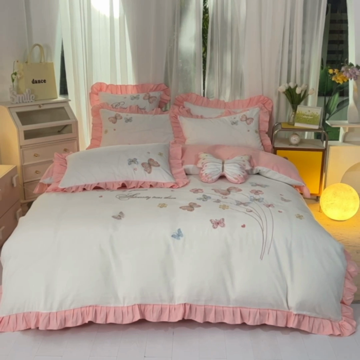 91家纺网 家纺一手货源 找家纺 丝印良品 2023新款秋冬保暖云锦棉刺绣花边春卉系列四件套 春卉-白玉