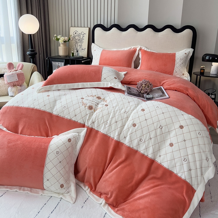 91家纺网 家纺一手货源 找家纺 丝印良品 2023秋冬高端刺绣菲曼牛奶绒四件套 菲曼-活力橙