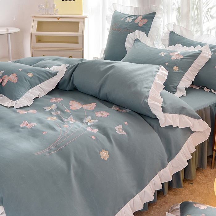 91家纺网 家纺一手货源 找家纺 丝印良品 2023新款秋冬保暖云锦棉刺绣花边春卉系列四件套 春卉-黛蓝