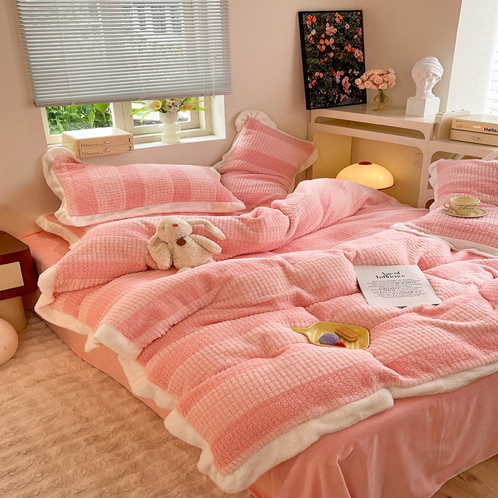 91家纺网 家纺一手货源 找家纺 丝印良品 2023新款泰迪绒兔绒牛奶绒四件套 泰迪绒-玫瑰粉