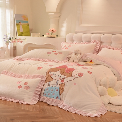 丝印良品 2023新款高档贴布绣甜心公主牛奶绒四件套 甜心公主-粉白