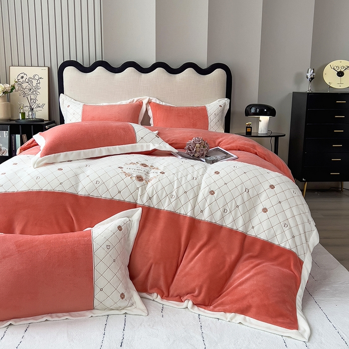 91家纺网 家纺一手货源 找家纺 丝印良品 2023秋冬高端刺绣菲曼牛奶绒四件套 菲曼-活力橙