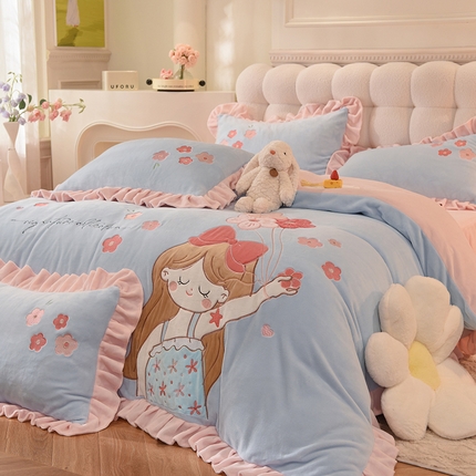 丝印良品 2023新款高档贴布绣甜心公主牛奶绒四件套 甜心公主-蓝粉