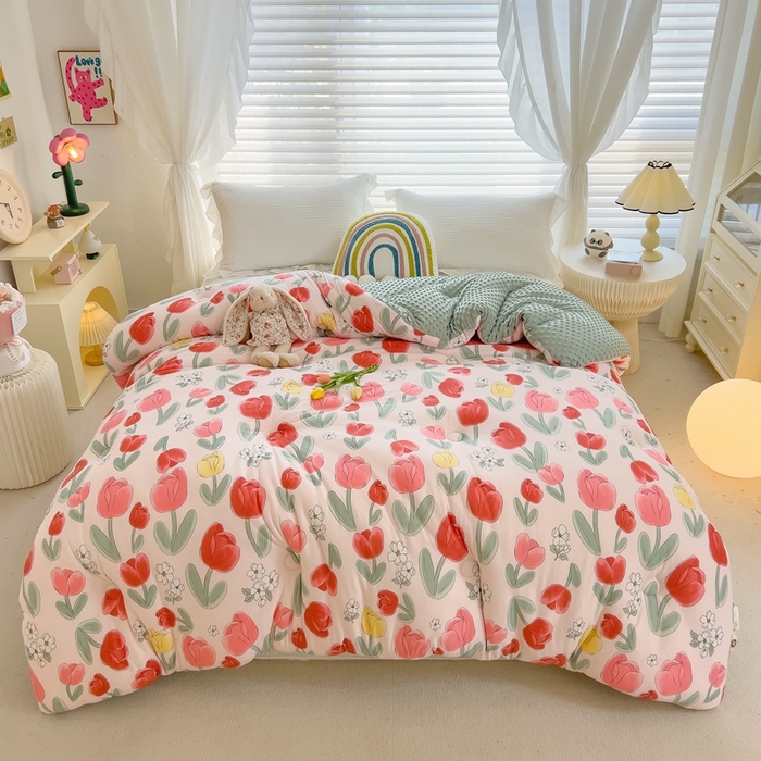 91家纺网 家纺一手货源 找家纺 米菲2023新款A类针织棉豆豆被冬被春秋被被芯被子 郁金香