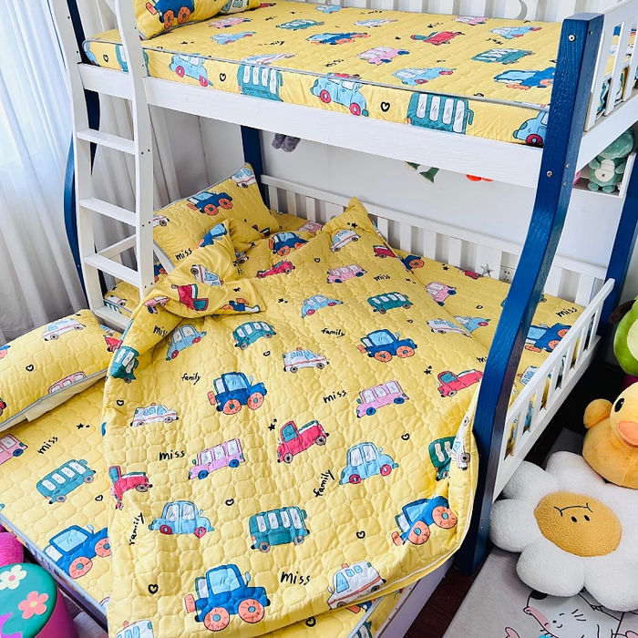 91家纺网 家纺一手货源 找家纺 小虾米 2023新款全棉卡通上下床夹棉系列被套 小汽车黄