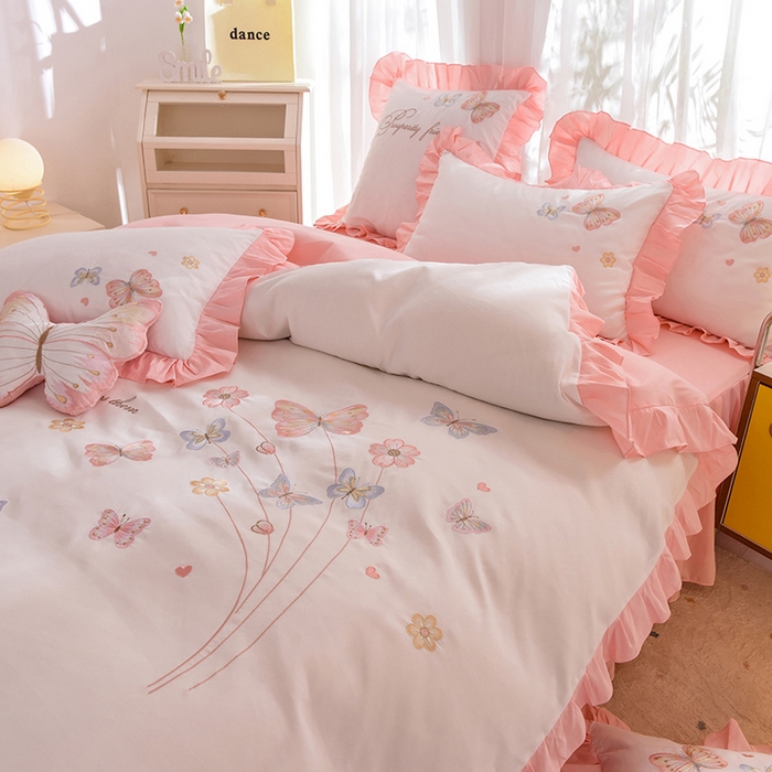 91家纺网 家纺一手货源 找家纺 丝印良品 2023新款秋冬保暖云锦棉刺绣花边春卉系列四件套 春卉-白玉