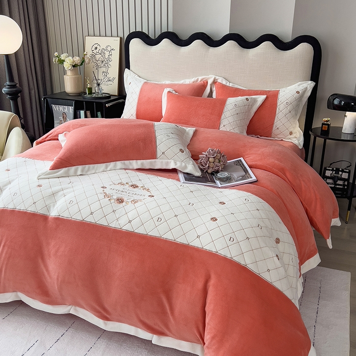 91家纺网 家纺一手货源 找家纺 丝印良品 2023秋冬高端刺绣菲曼牛奶绒四件套 菲曼-活力橙