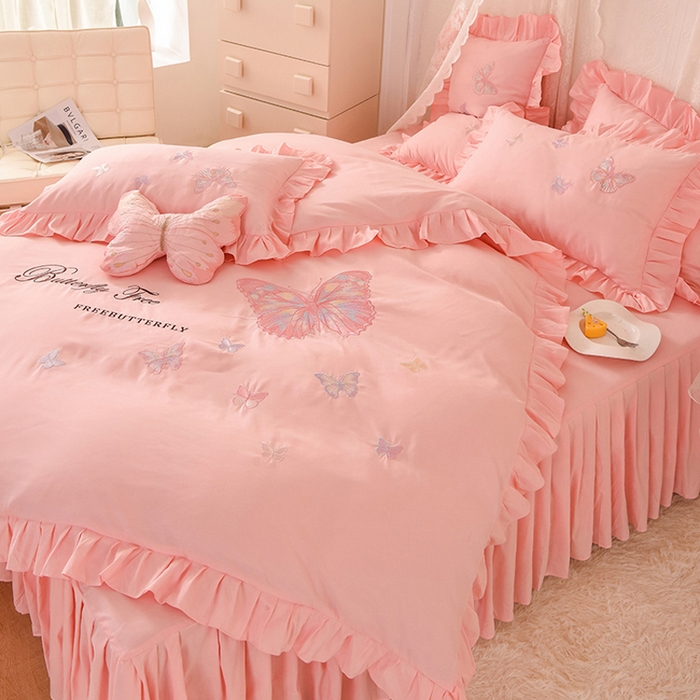 91家纺网 家纺一手货源 找家纺 丝印良品 2023新款秋冬保暖云锦棉刺绣花边羽蝶系列四件套 羽蝶-玉色