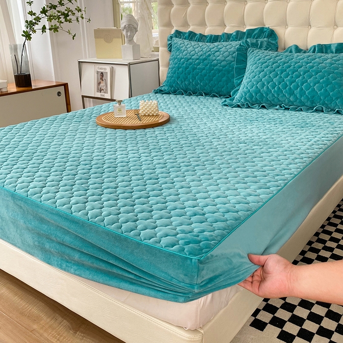 91家纺网 家纺一手货源 找家纺 7V 2023新款宝宝绒床笠牛奶绒360度全包围床笠 湖蓝