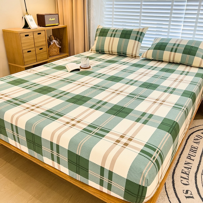 91家纺网 家纺一手货源 找家纺 芃成家纺 2023新款磨毛单床笠 简约格-绿