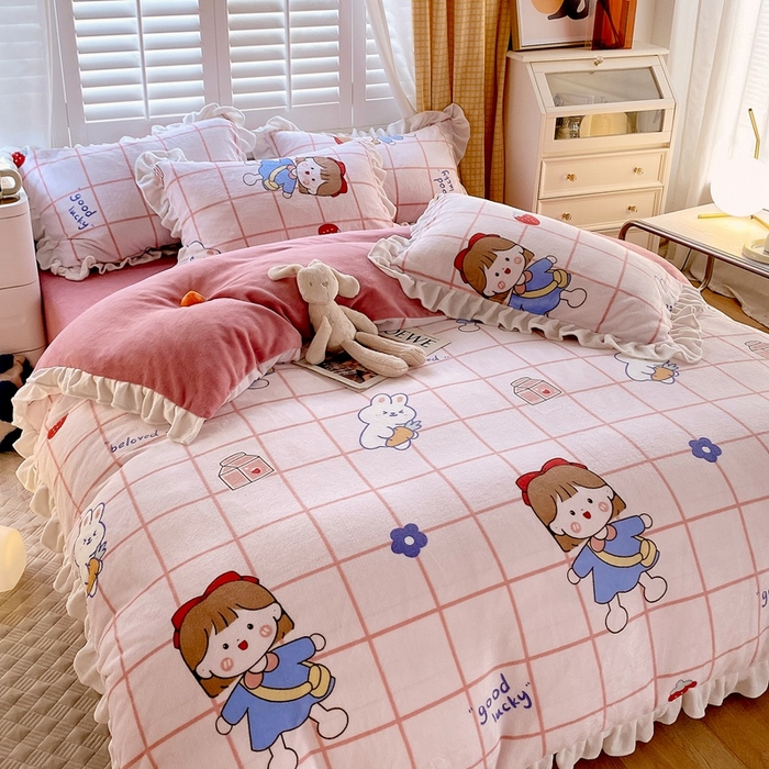 91家纺网 家纺一手货源 找家纺 宜家坊 2023新款直播韩版印花花边款牛奶绒四件套 小女孩