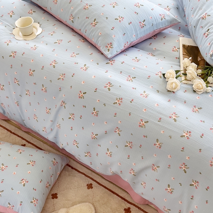 91家纺网 家纺一手货源 找家纺 梦莱斯 2023新款小竺棉印花四件套 花溪蓝