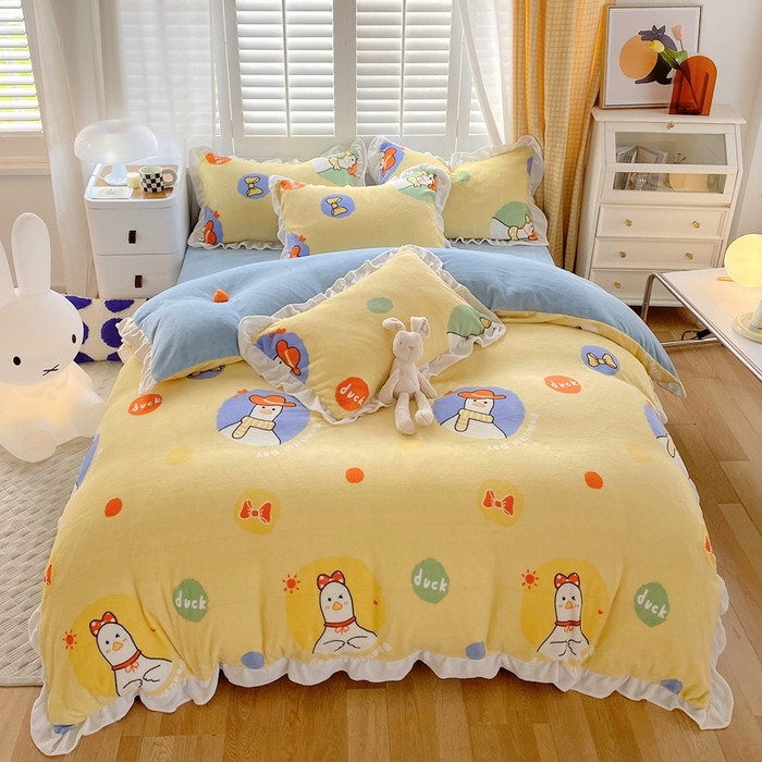 91家纺网 家纺一手货源 找家纺 宜家坊 2023新款直播韩版印花花边款牛奶绒四件套 加油鸭