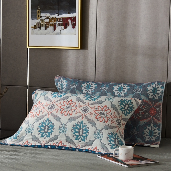 91家纺网 家纺一手货源 找家纺 朴尔-2023新款波西米亚风全棉四层纱布枕巾 52*78 连理枝蓝