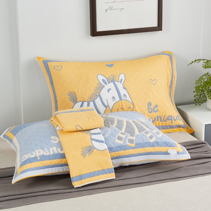 91家纺网 家纺一手货源 找家纺 朴尔-2023新款彩色糖果系列纯棉三层纱布枕巾-朴尔 奔跑的小马黄