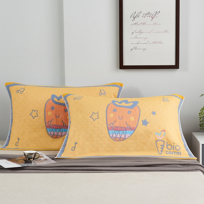 91家纺网 家纺一手货源 找家纺 朴尔-2023新款彩色糖果系列纯棉三层纱布枕巾-朴尔 调皮胡萝卜黄