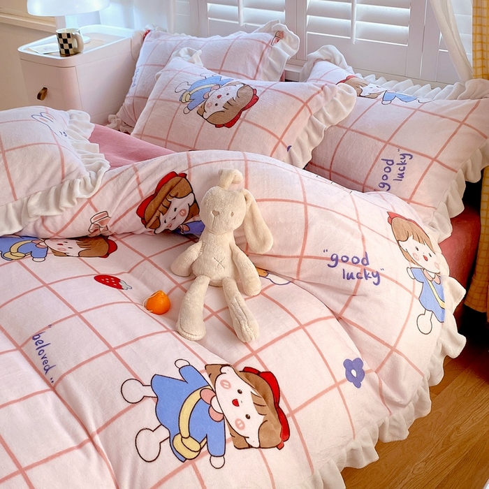 91家纺网 家纺一手货源 找家纺 宜家坊 2023新款直播韩版印花花边款牛奶绒四件套 小女孩