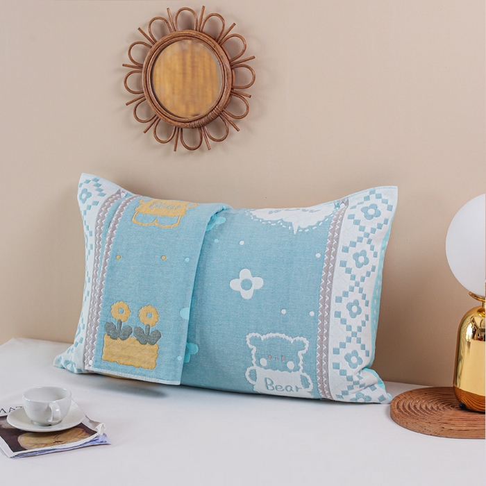 91家纺网 家纺一手货源 找家纺 朴尔-2023新款防滑半包按扣固定式全棉四层纱布枕巾-朴尔 两只小熊兰