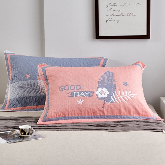 91家纺网 家纺一手货源 找家纺 朴尔-2023新款彩色糖果系列纯棉三层纱布枕巾-朴尔 美好的一天橘色