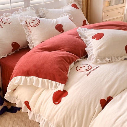 91家纺网 家纺一手货源 找家纺 （总）宜家坊 2023新款直播韩版印花花边款牛奶绒四件套