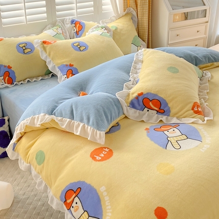 91家纺网 家纺一手货源 找家纺 （总）宜家坊 2023新款直播韩版印花花边款牛奶绒四件套