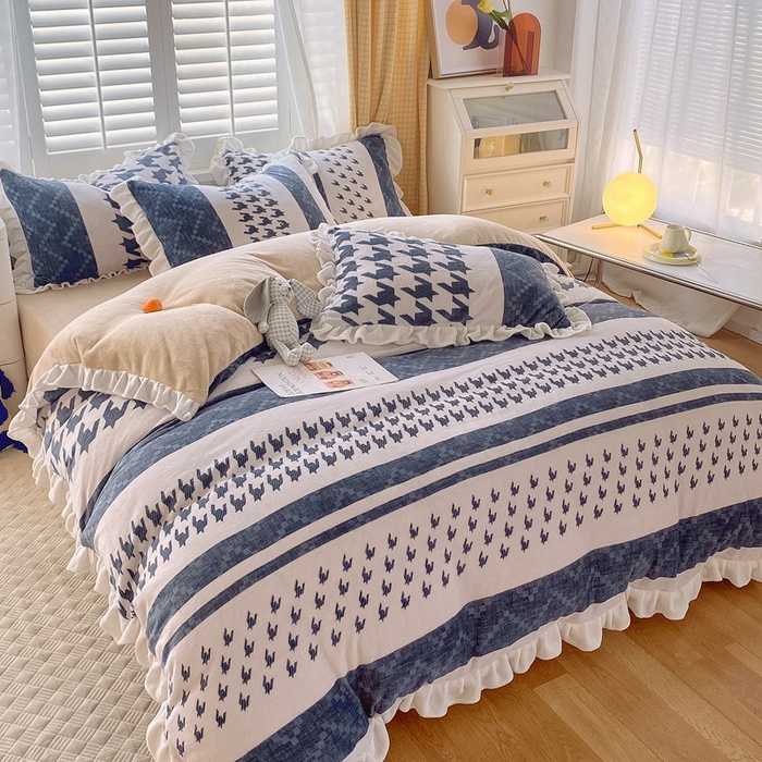 91家纺网 家纺一手货源 找家纺 宜家坊 2023新款直播韩版印花花边款牛奶绒四件套 千鸟格