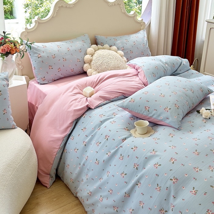 91家纺网 家纺一手货源 找家纺 梦莱斯 2023新款小竺棉印花四件套 花溪蓝