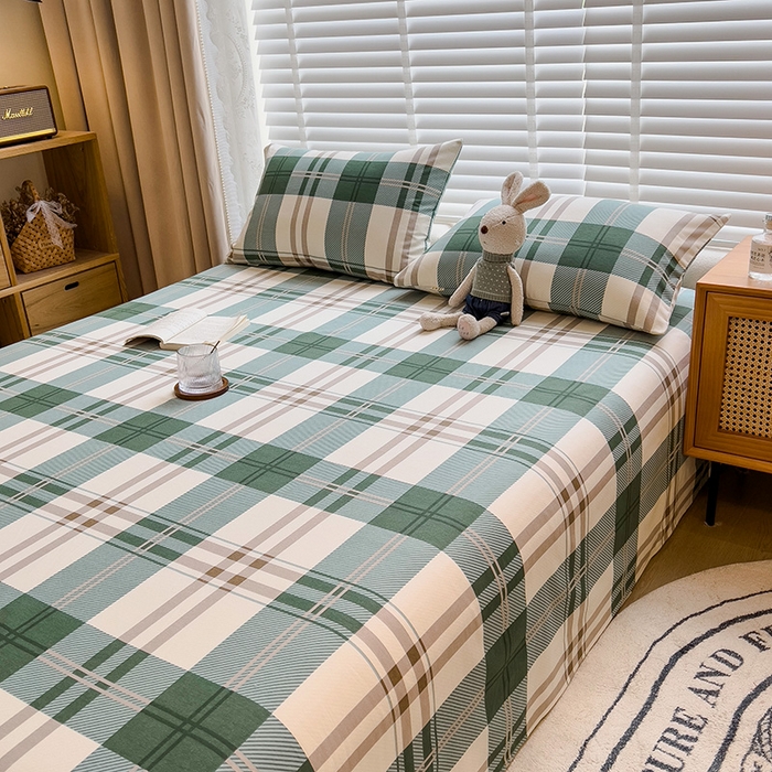 91家纺网 家纺一手货源 找家纺 芃成家纺 2023磨毛单床单 简约格-绿