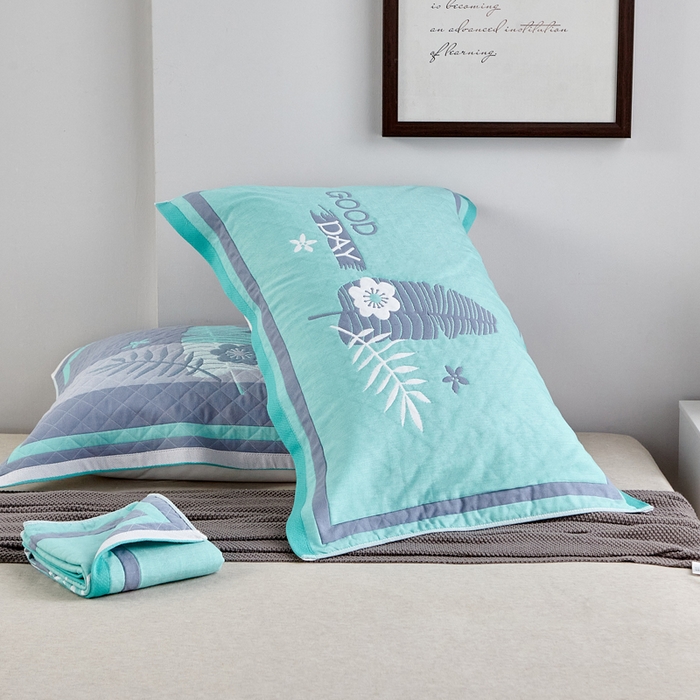 91家纺网 家纺一手货源 找家纺 朴尔-2023新款彩色糖果系列纯棉三层纱布枕巾-朴尔 美好的一天绿