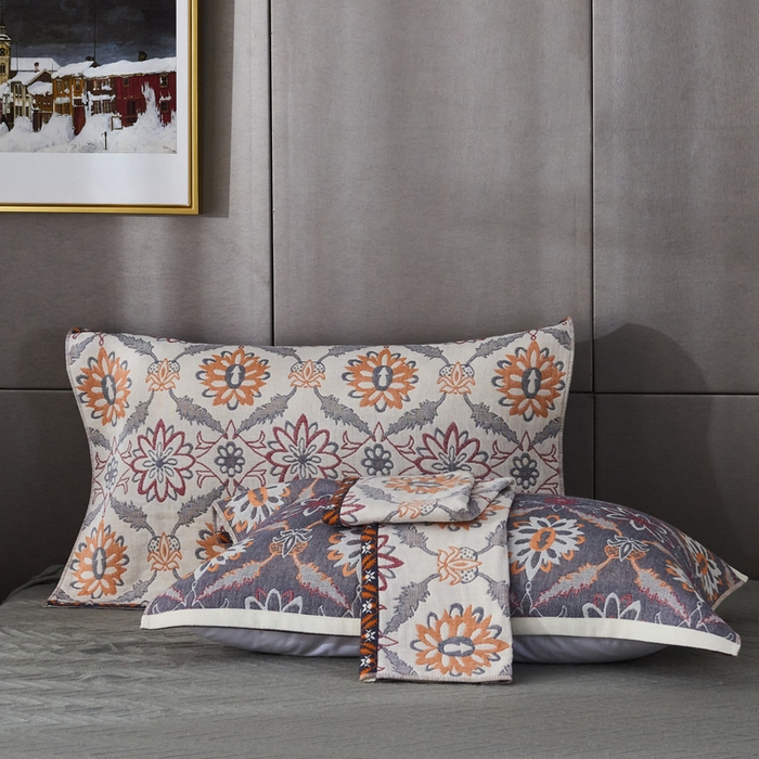 91家纺网 家纺一手货源 找家纺 朴尔-2023新款波西米亚风全棉四层纱布枕巾 52*78 连理枝黄